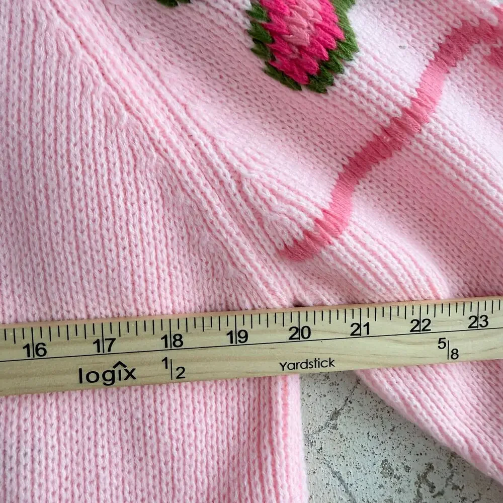 Vtg 80s Sweater Pink Textured Knit Green Pom Coquette Granny Cottagecore Women L - Picture 9 of 10